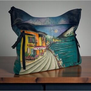 Anuschka Hand Painted Leather Hobo Bag Coastal Seaside Village Scene Multicolor